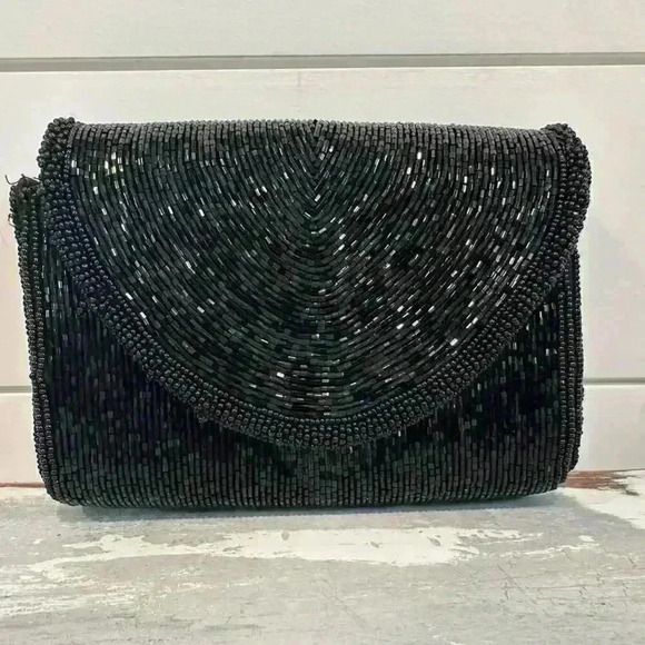 Vintage La Regale Beaded Black Clutch or Shoulder Evening Bag with snap closure - Picture 1 of 8